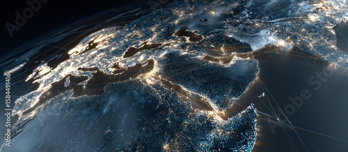 A stylized earth at night showcasing city lights across europe asia and africa from a satellite view