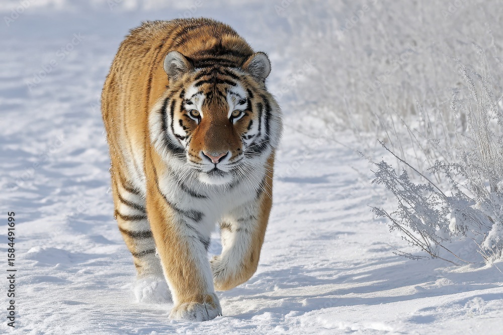 Obraz premium male Siberian tiger roaming the snowy tundra
