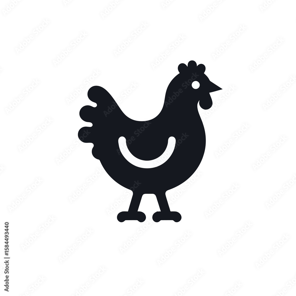 Fototapeta premium Simple black silhouette of a chicken standing on a white background.