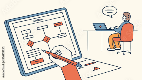 Person drawing a flowchart on a tablet while another person works on a laptop at a desk nearby