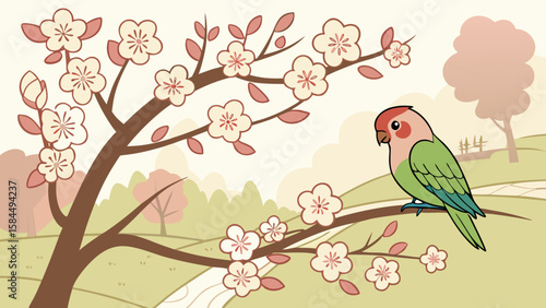 A lovebird perched on a blossoming tree branch in a serene landscape with a winding path through nature