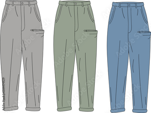 Paperbag waist women’s jogger pants flat sketch, tied belt, elastic ankle hem, casual fashion design, vector illustration, trendy wear