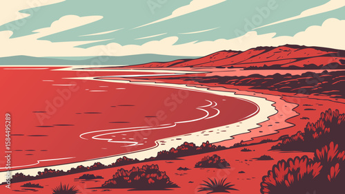 A stylized landscape illustration of a red lake with mountains and cloudy sky at daytime