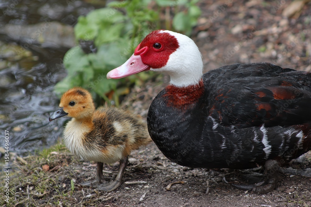 Obraz premium Muscovy duck and her duckling