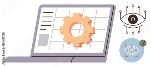 Laptop screen displaying gear and data grid, eye recognition icons symbolizing AI, technology, innovation. Ideal for AI, automation, tech security, machine learning, vision systems digital