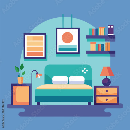 Modern bedroom interior illustration with bedside tables bookshelves and decorative artwork