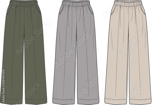 Loose fit wide leg pants fashion flat sketch, elastic waistband lounge trousers, casual comfortable design, front view technical illustration