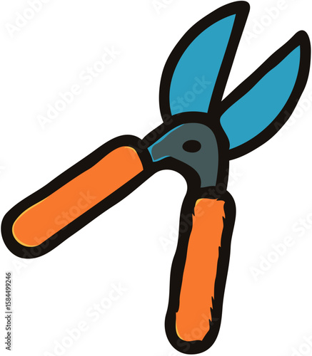 Illustration of blue and orange garden shears or pruning shears, isolated on white.