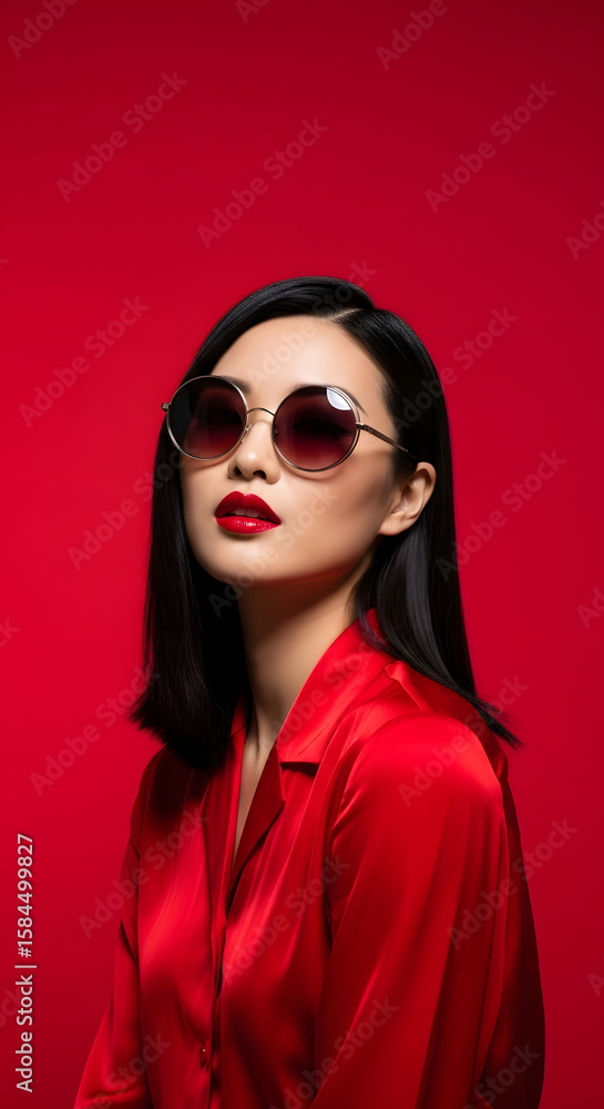 Stylish Woman - Red Satin Top, Sunglasses, Red Lipstick, Bold Fashion, Glamour Portrait, Modern Chic, Sophistication