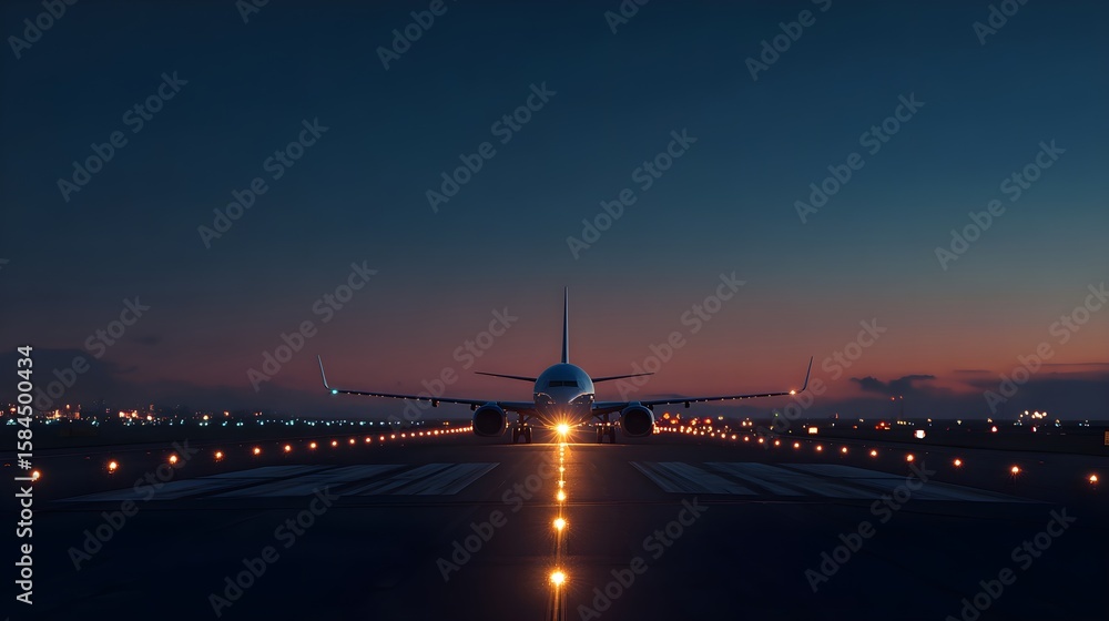 Fototapeta premium Airplane Taxiing in Blue Hour — Runway Lights and Peaceful Sky