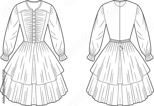 Victorian-inspired, layered, pleated dress, button front, bishop sleeve, elegant fashion design, ruffle skirt, CAD drawing, technical sketch, sewing template, vintage, illustration