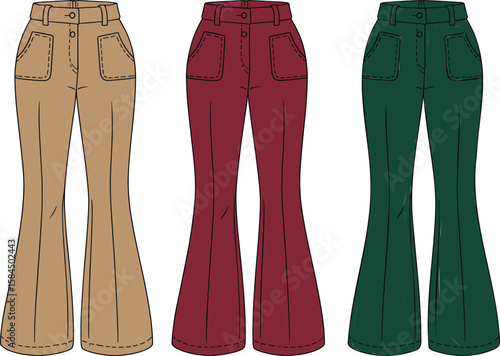 High waist flared pants fashion flat sketch, front patch pocket trousers in multiple colors, trendy retro design for womenswear apparel