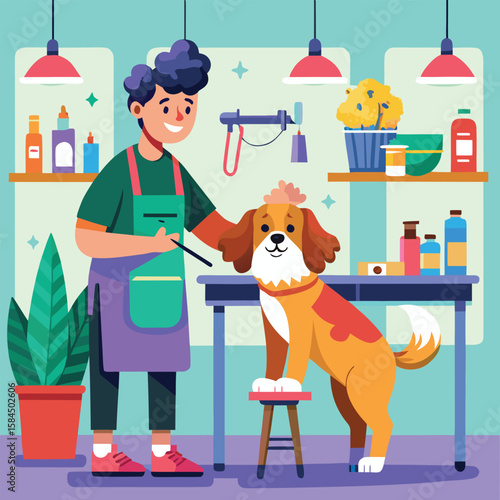 Happy dog grooming session in a pet salon with smiling professional stylist.