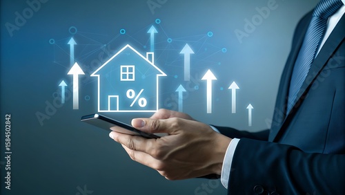 Analyzing Data on Phone for Possible Gains in Property Values and Interest Rates, Upward Arrows on Blue Background.