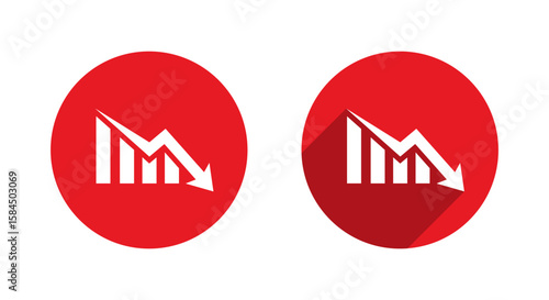 Business decline icon with downward arrow. Loss, failure, or economic crisis symbol with long shadow