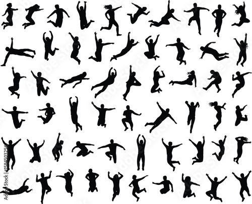 CAD drawing flat vector illustration, silhouette people jumping and leaping, energetic human poses, action motion figures, active man and woman movement