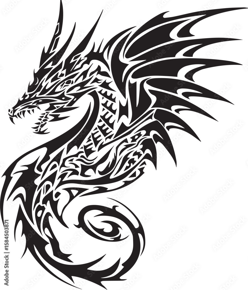 Fototapeta premium Black and white tribal dragon tattoo design vector illustration with monster wings, symbol of fantasy art and nature's powerful creature