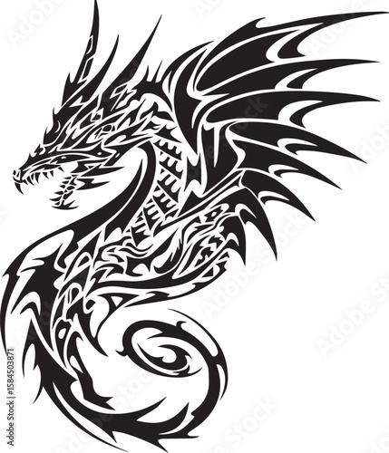 Wallpaper Mural Black and white tribal dragon tattoo design vector illustration with monster wings, symbol of fantasy art and nature's powerful creature Torontodigital.ca