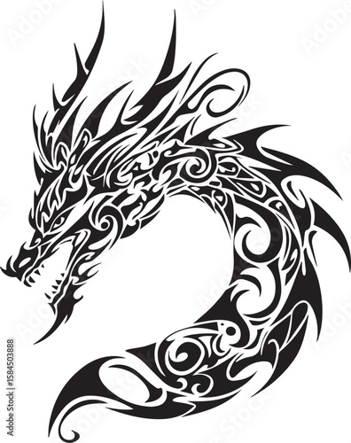 Tribal dragon head tattoo design vector illustration: a striking black silhouette of a stylized animal symbol