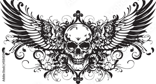 Vintage black tribal tattoo design with skull and wings illustration, a heraldic emblem with floral and grunge elements
