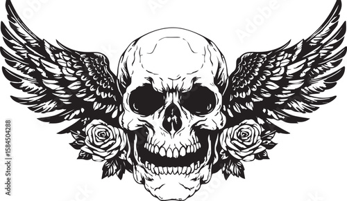 Here's a single sentence for describing an image:

Vintage gothic skull with wings, a grunge illustration symbolizing death and danger, perfect for a Halloween tattoo design