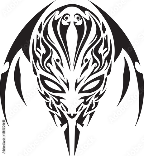 Tribal tattoo designs featuring animal, dragon, bird, eagle, snake, fish, and monster vector illustrations in black