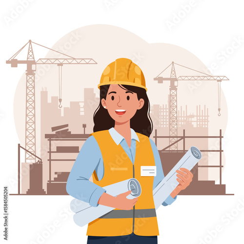 A smiling female engineer in a hard hat and safety vest holds blueprints, standing confidently in front of a construction site with cranes and a building under construction.