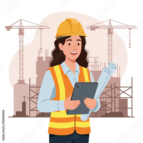 A smiling female construction engineer in a hard hat and safety vest holds blueprints and a tablet at a building site.