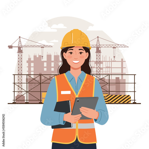 A smiling female architect or engineer holds a tablet and documents, standing before a construction site with cranes and a building under development, suggesting progress and expertise in the
