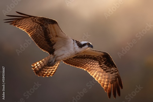 Osprey soaring wings illuminated by dawn