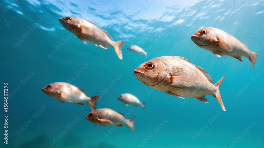 Naklejka premium school of silver fish swim gracefully underwater in clear blue ocean waters.