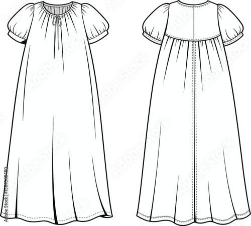 CAD drawing flat vector illustration of baby nightgown dress with puff sleeves and gathered neckline, front and back view, fashion technical sewing sketch template