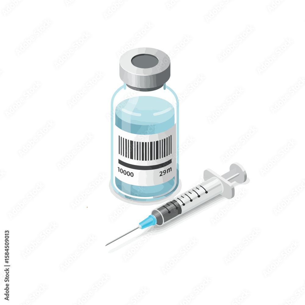 A vial of clear liquid medicine with a barcode label, and a syringe with a needle. A vial of clear liquid medicine with a barcode label, and a syringe with a needle.