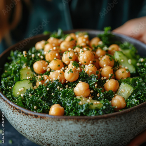 Bowl of chickpea salad with kale and cucumber.