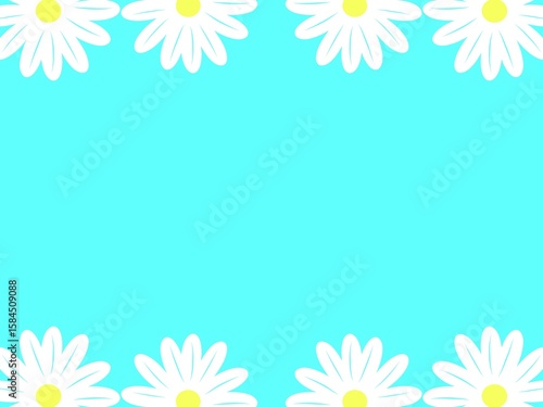 White daisy flowers border a bright cyan background, creating a cheerful and clean floral frame.