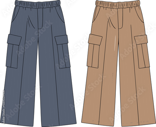 Flat sketch of wide leg cargo pants with elastic waistband, side flap pockets, striped fabric texture for casual fashion design