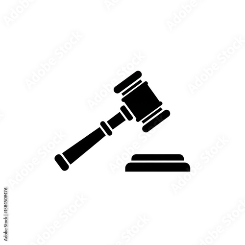 Black silhouette of a gavel resting on a sound block, isolated on white.