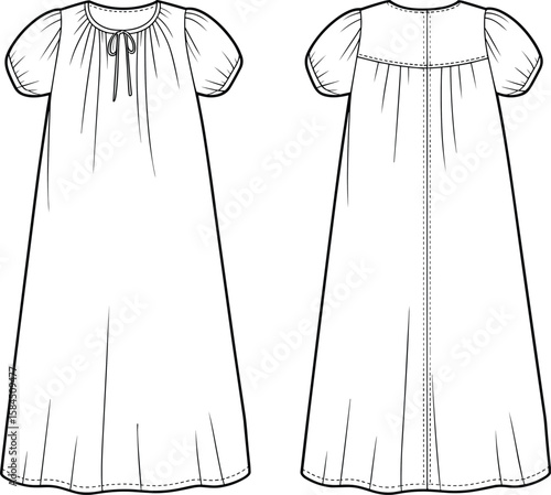 CAD drawing flat vector illustration of baby nightgown dress with puff sleeves, front and back view, technical fashion sketch, sewing pattern template