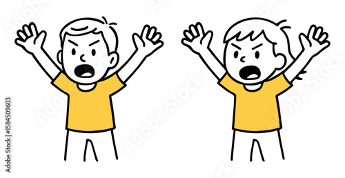 Angry Boy And Girl with Raised Arms and Shouting Expression. Frustrated Expression, Bold Emotion Hand-Drawn Doodle Art Style Vector Illustration