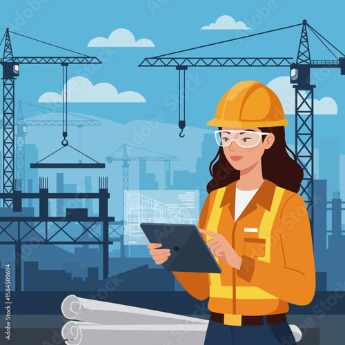A confident female engineer reviews digital blueprints on a tablet at a bustling construction site with towering cranes under a blue sky.