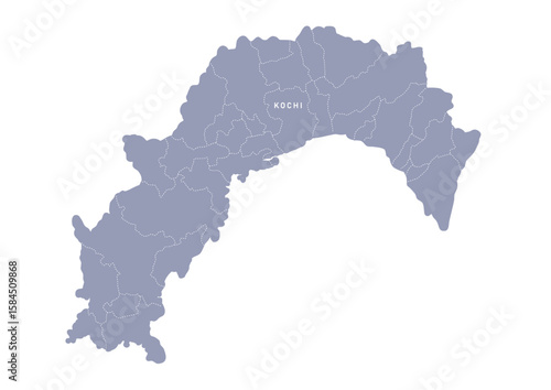 グレー色の日本地図, 高知県の行政区分付き地図, Gray map of Japan, Kochi prefecture