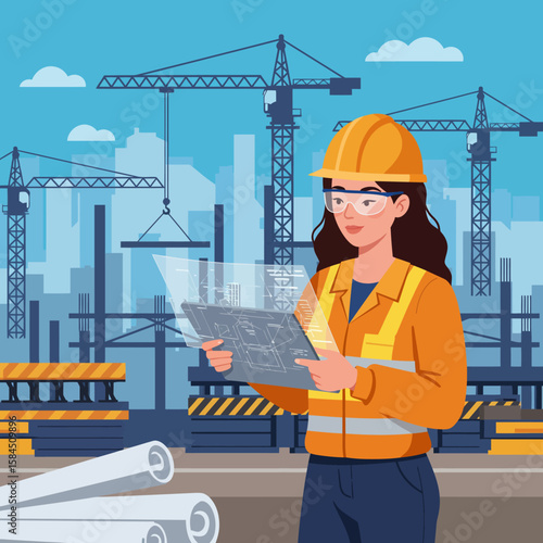 A female construction engineer examines blueprints at a modern building site with multiple cranes and a cityscape in the background, showcasing technological integration in architecture and