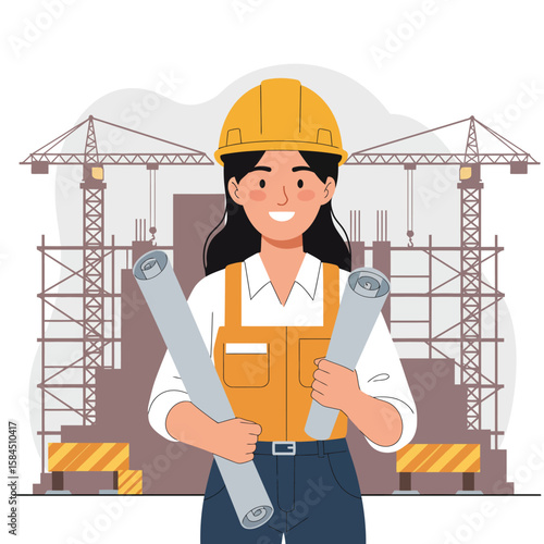 A confident female engineer in a yellow hard hat and orange overalls holds blueprints, smiling brightly against a bustling construction site with cranes and new buildings.