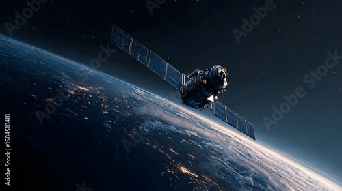 Sleek High-Tech Artificial Satellite Orbiting Earth Amid Twinkling Stars