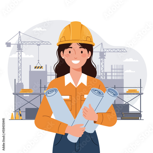 A smiling female architect holds blueprints against the backdrop of a modern construction site with cranes and scaffolding, symbolizing expertise and urban development.