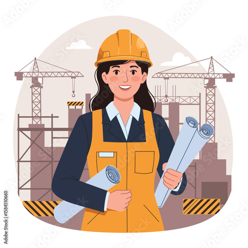 A confident female engineer wearing a yellow hard hat smiles while holding blueprints at a bustling construction site with cranes and new buildings.