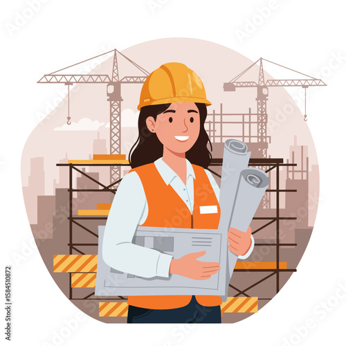 A smiling female engineer wearing a yellow hard hat and orange safety vest holds blueprints on a construction site with cranes in the background.