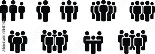 Silhouettes of multiple people in groups, team collaboration, community icons, crowd standing together, group communication, social gathering, human figures silhouettes