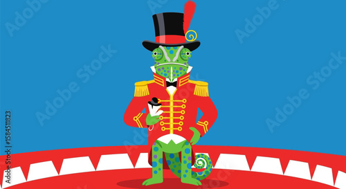 A dapper chameleon ringmaster stands proudly in a circus ring, holding a small scroll.