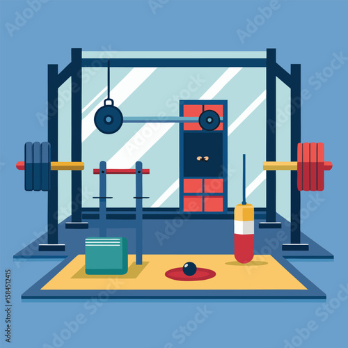 Modern gym interior with weightlifting equipment and exercise accessories illustration